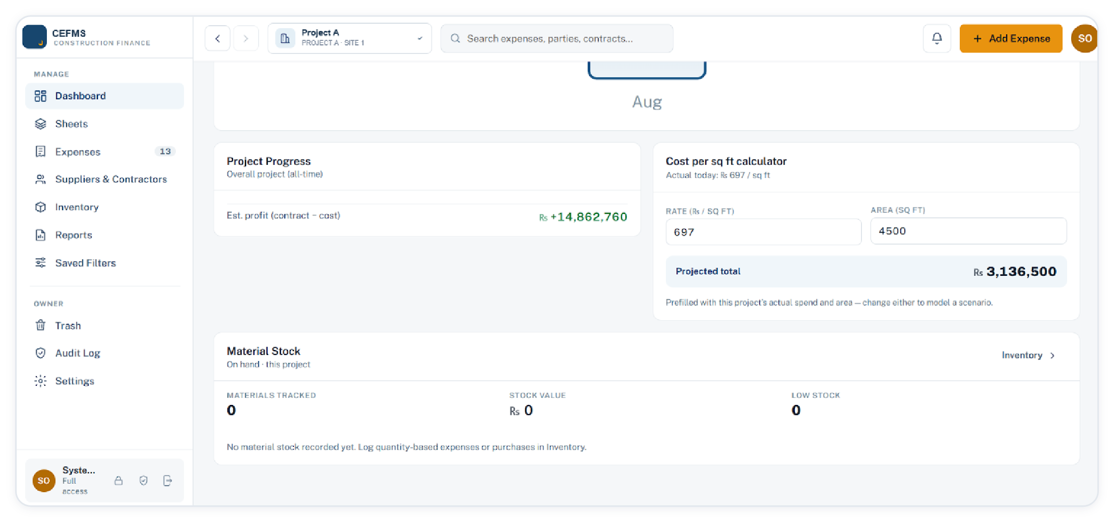 Project progress, cost per square foot calculator and material stock