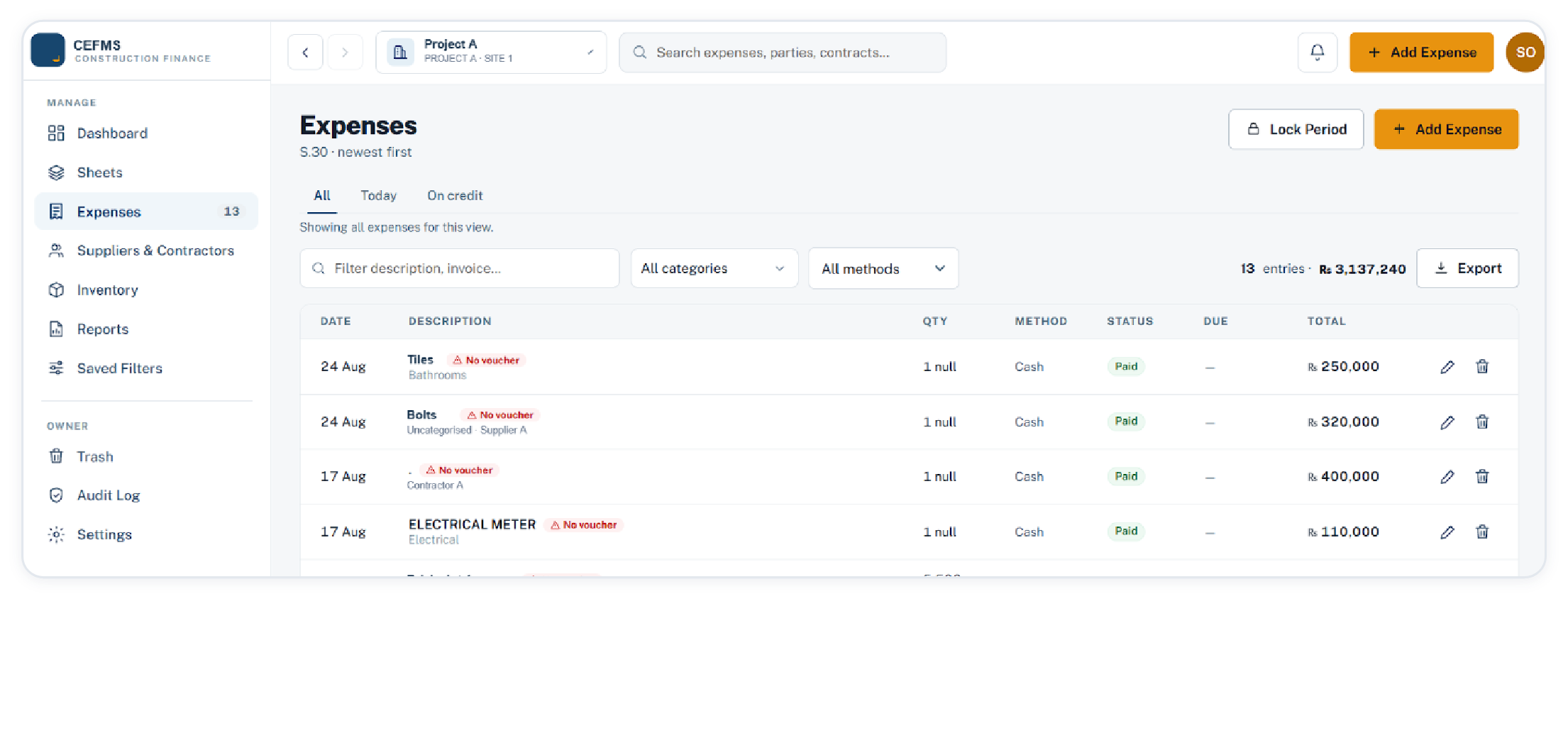 Expenses list with filters, no-voucher flags and export