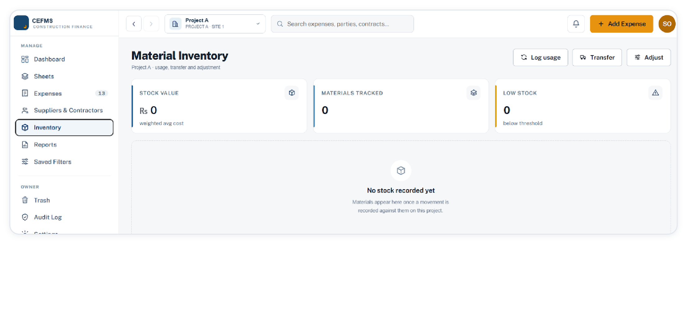 Material inventory with stock value, materials tracked and low stock