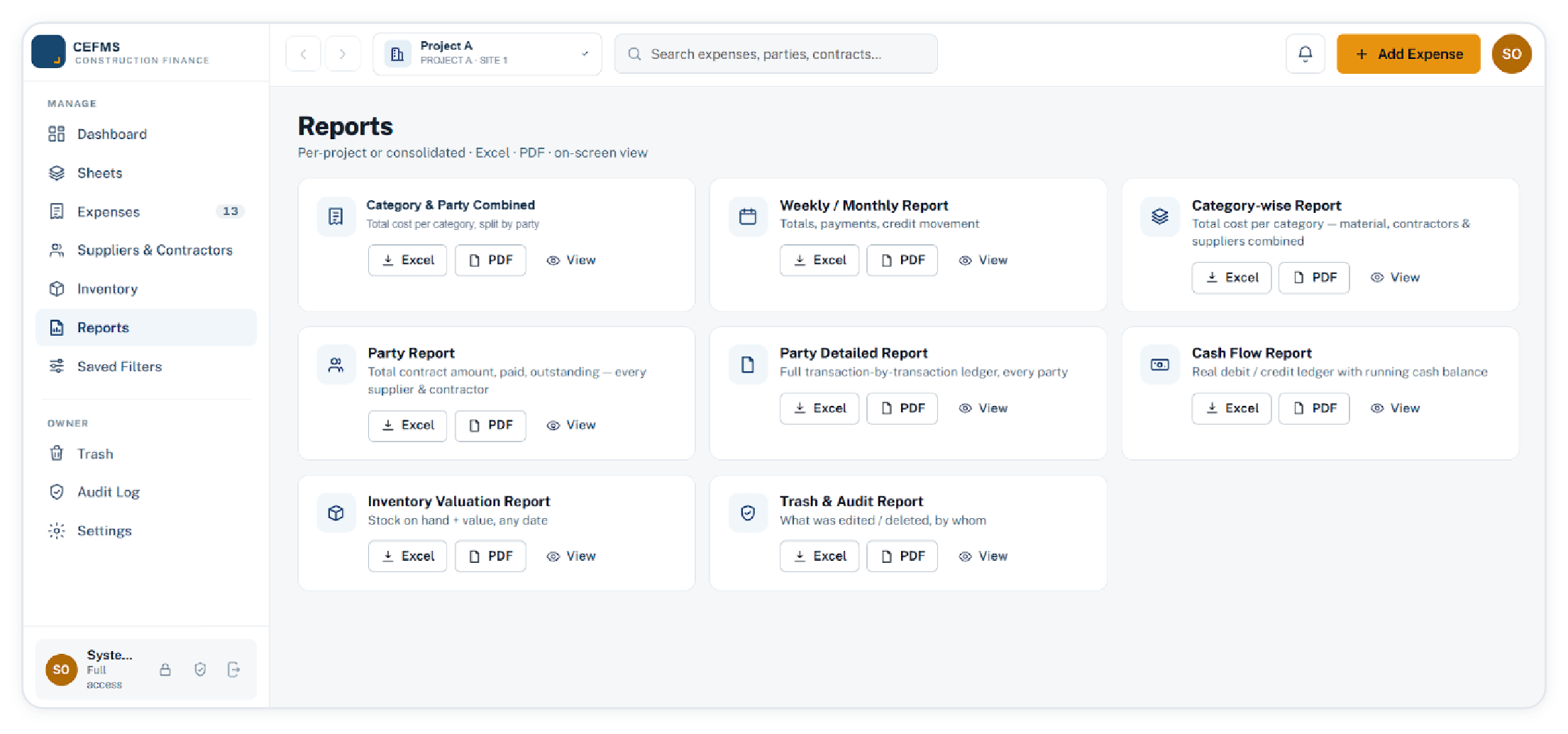 Reports screen with eight report types, each exportable to Excel or PDF