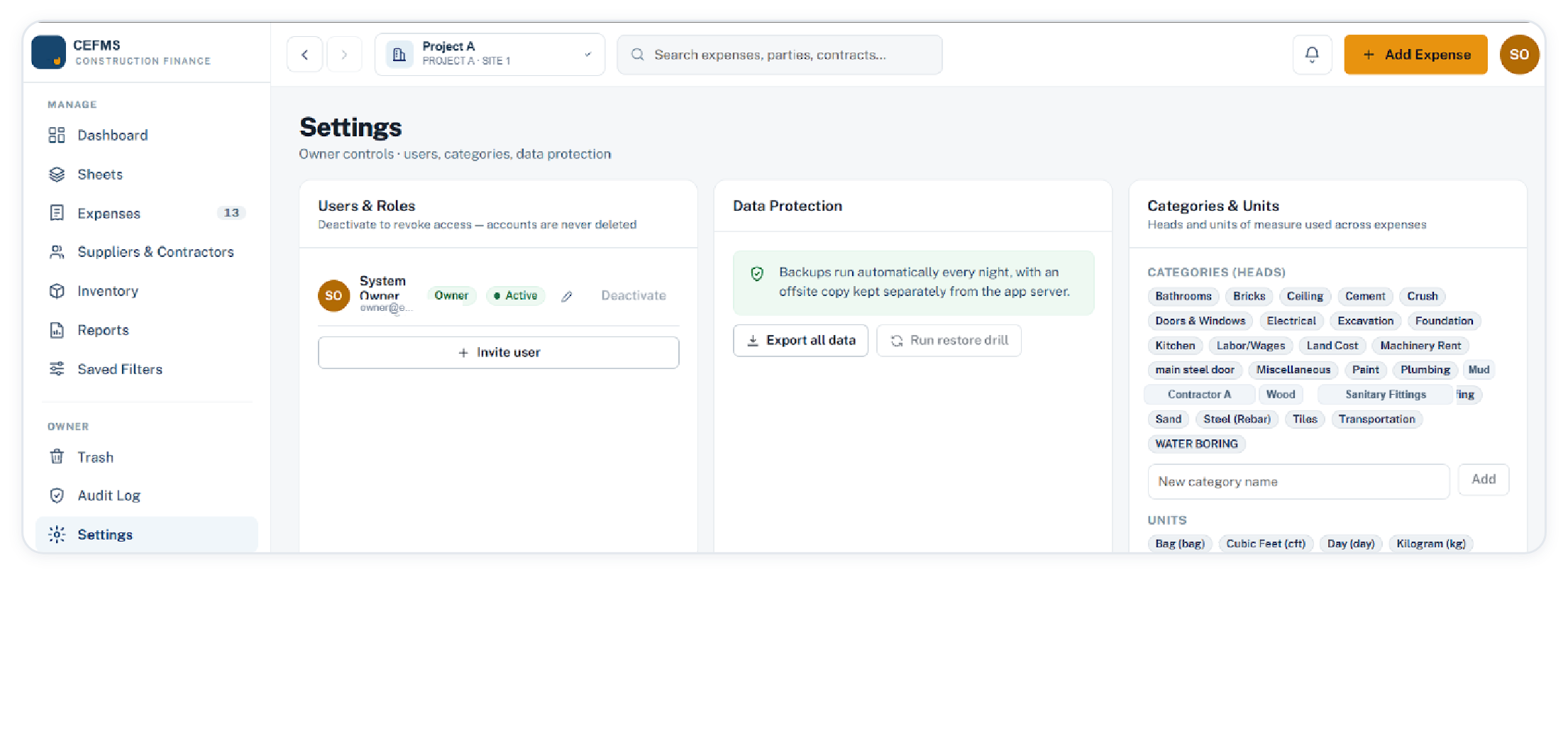 Settings with users and roles, data protection, categories and units