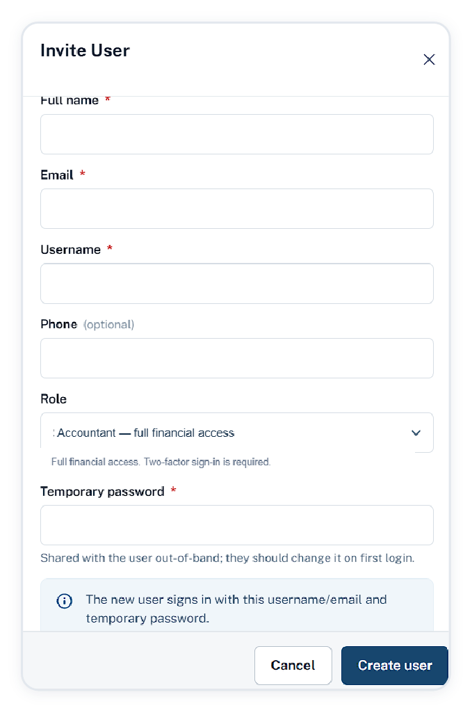 Invite user dialog with role selection and a temporary password